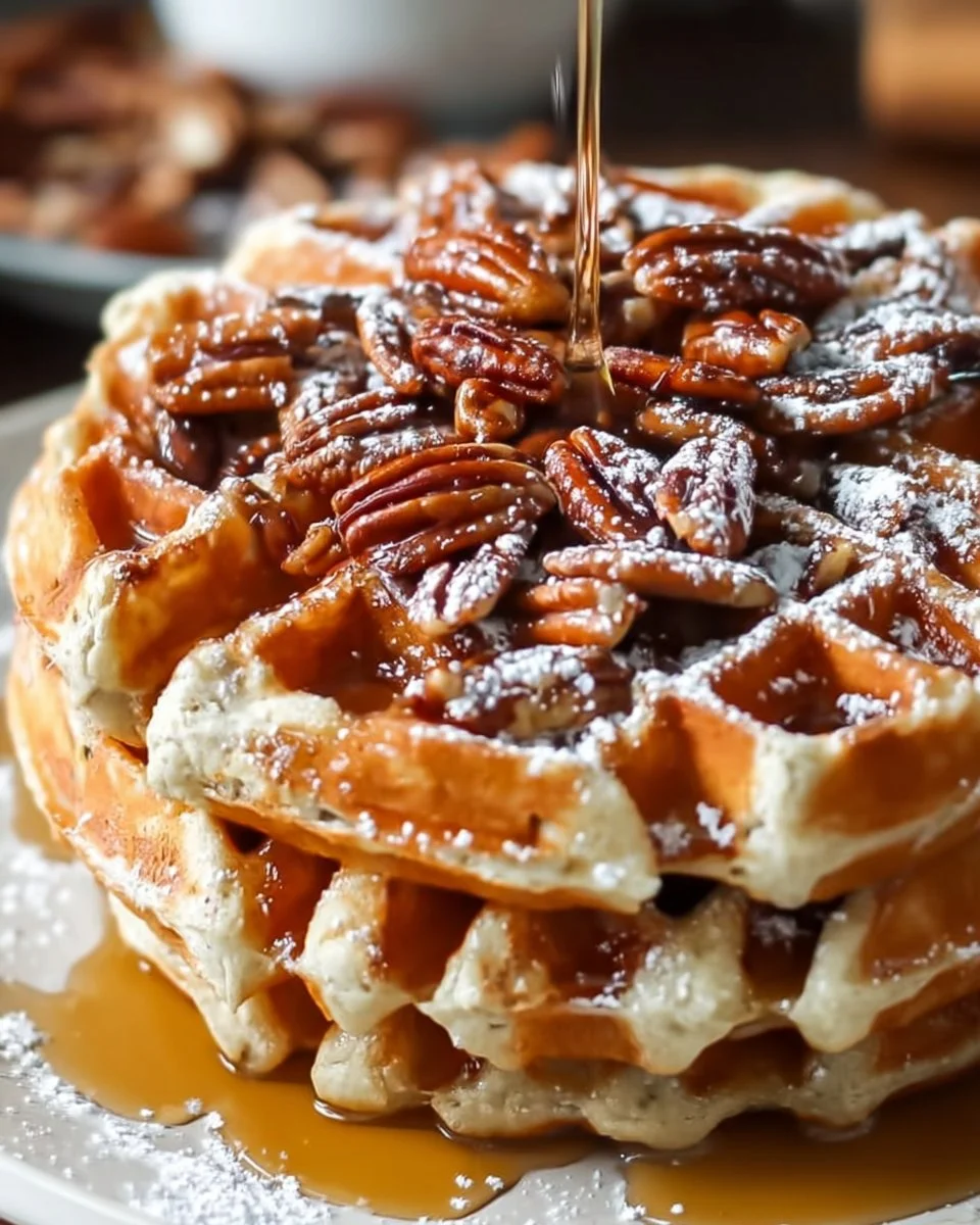 Crispy pecan waffles topped with maple drizzle on a white plate.