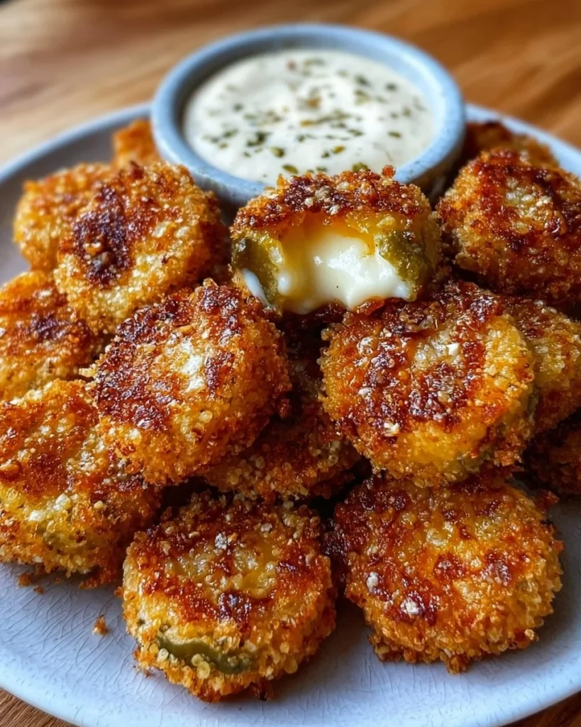 Plate of crispy pickle cheese bites served with dipping sauce.