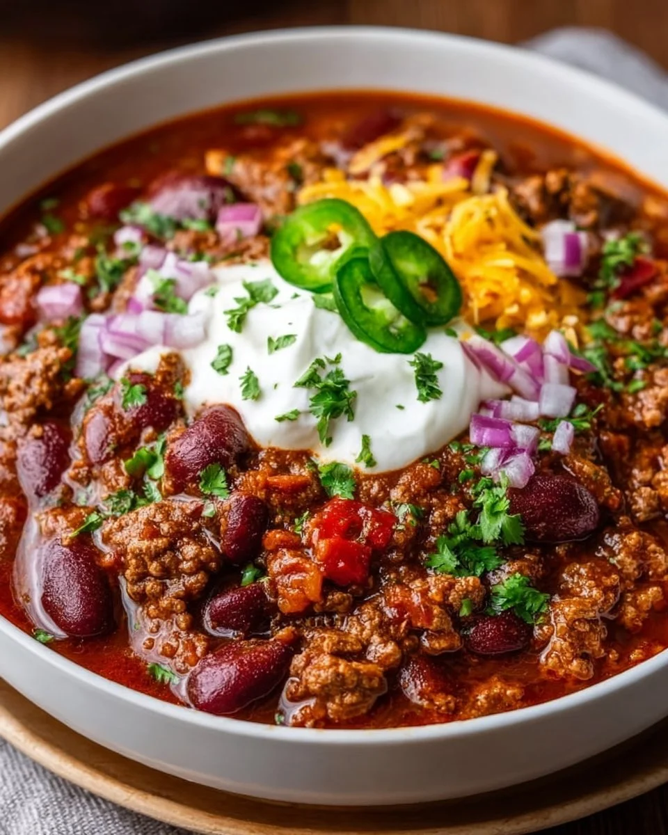Delicious bowl of flavorful Crockpot Chili topped with fresh herbs.