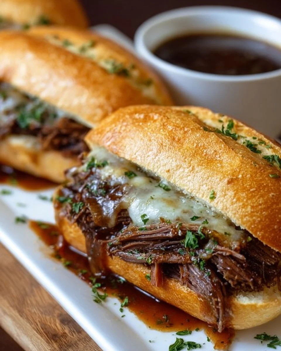 Crockpot French Dip Sandwiches with rich beef and melted cheese on a toasted roll