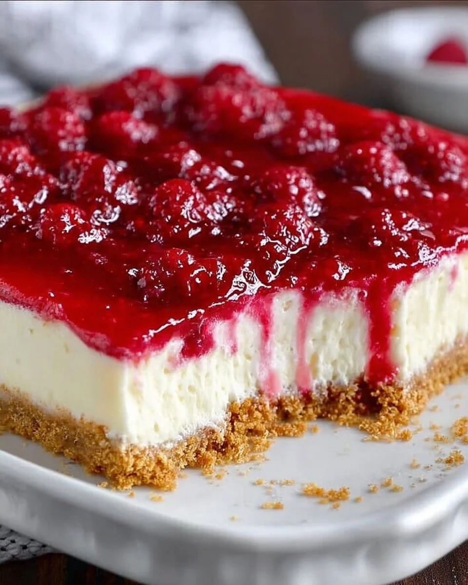 Dreamy raspberry cheesecake topped with fresh raspberries and a creamy layer