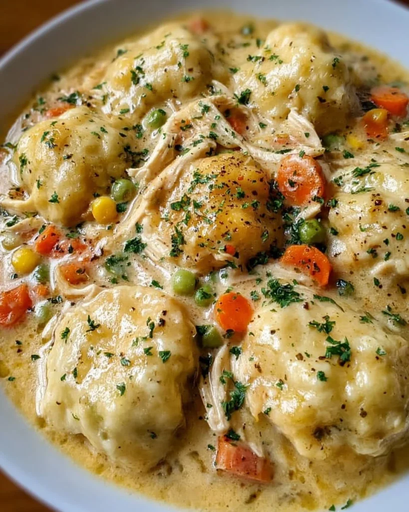 Delicious dump and go crockpot chicken and dumplings in a bowl