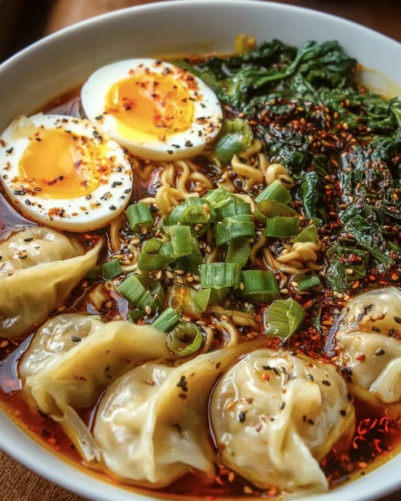 Delicious Dumpling Ramen Bowl Soup served in a vibrant bowl