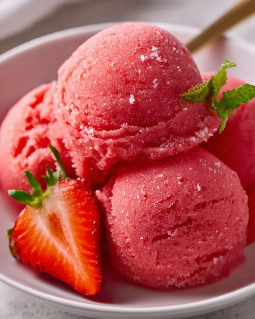 A bowl of homemade strawberry sorbet made with three simple ingredients.