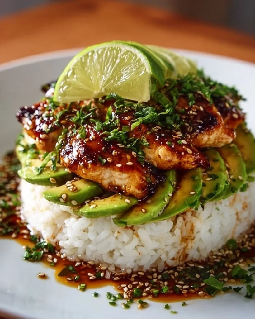Easy Honey Lime Chicken served with avocado rice stacks