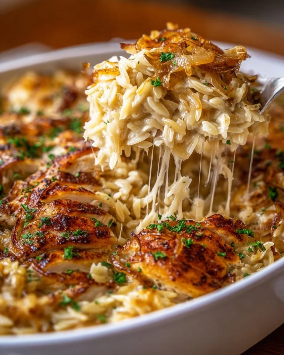 French Onion Chicken Orzo Casserole topped with cheese and herbs, served in a baking dish.