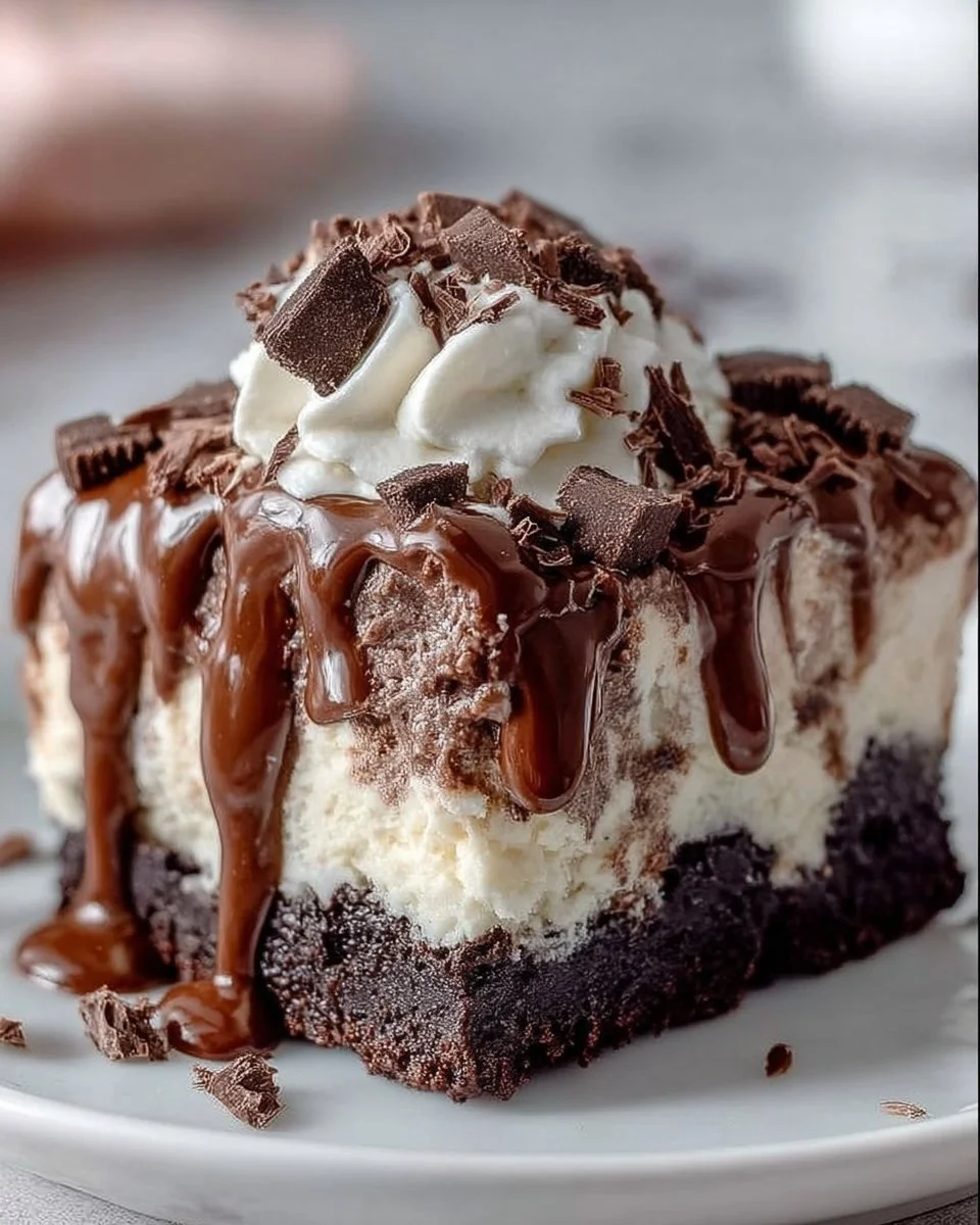 Delicious frozen brownie ice cream cake with layers of brownies and ice cream
