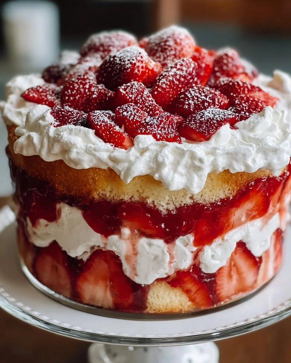 Delicious Galentine's strawberry shortcake trifle layered with whipped cream and berries