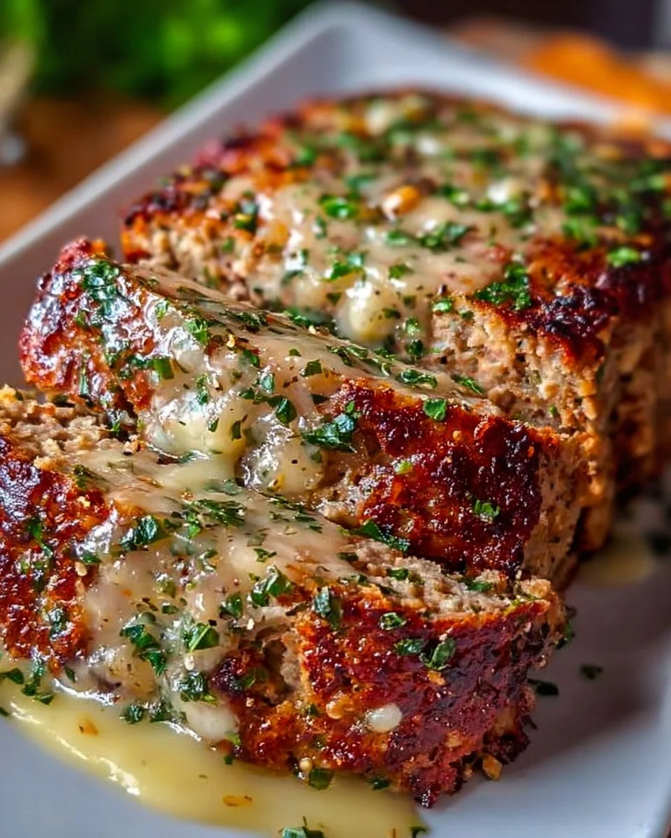 Garlic Parmesan Chicken Meatloaf served with herbs and vegetables
