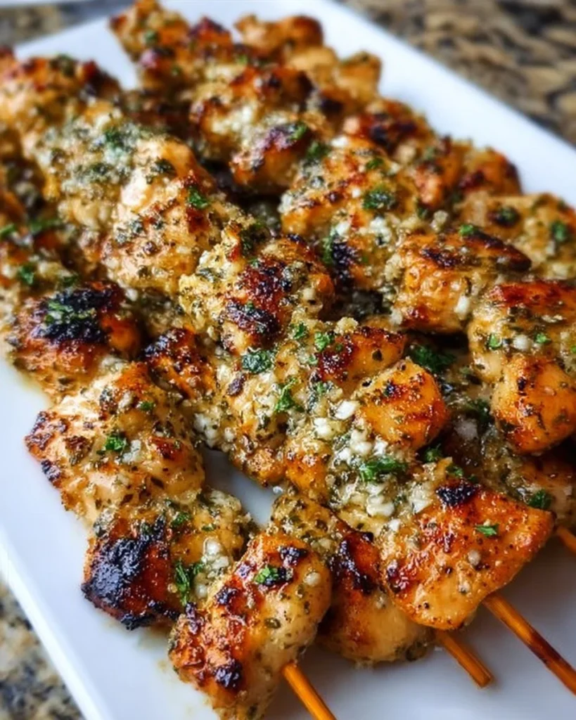 Garlic Parmesan Chicken Skewers served on a platter