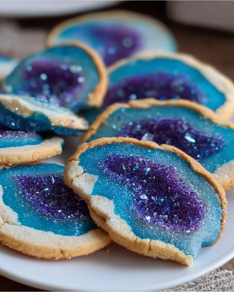 Beautifully decorated geode cookies with colorful crystal-like sugar decorations