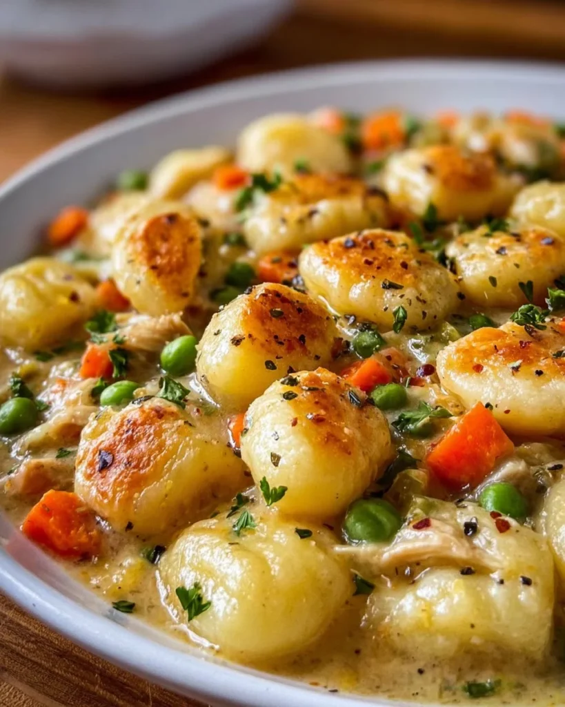 A delicious gnocchi pot pie served in a rustic dish, showcasing its creamy texture and golden crust.