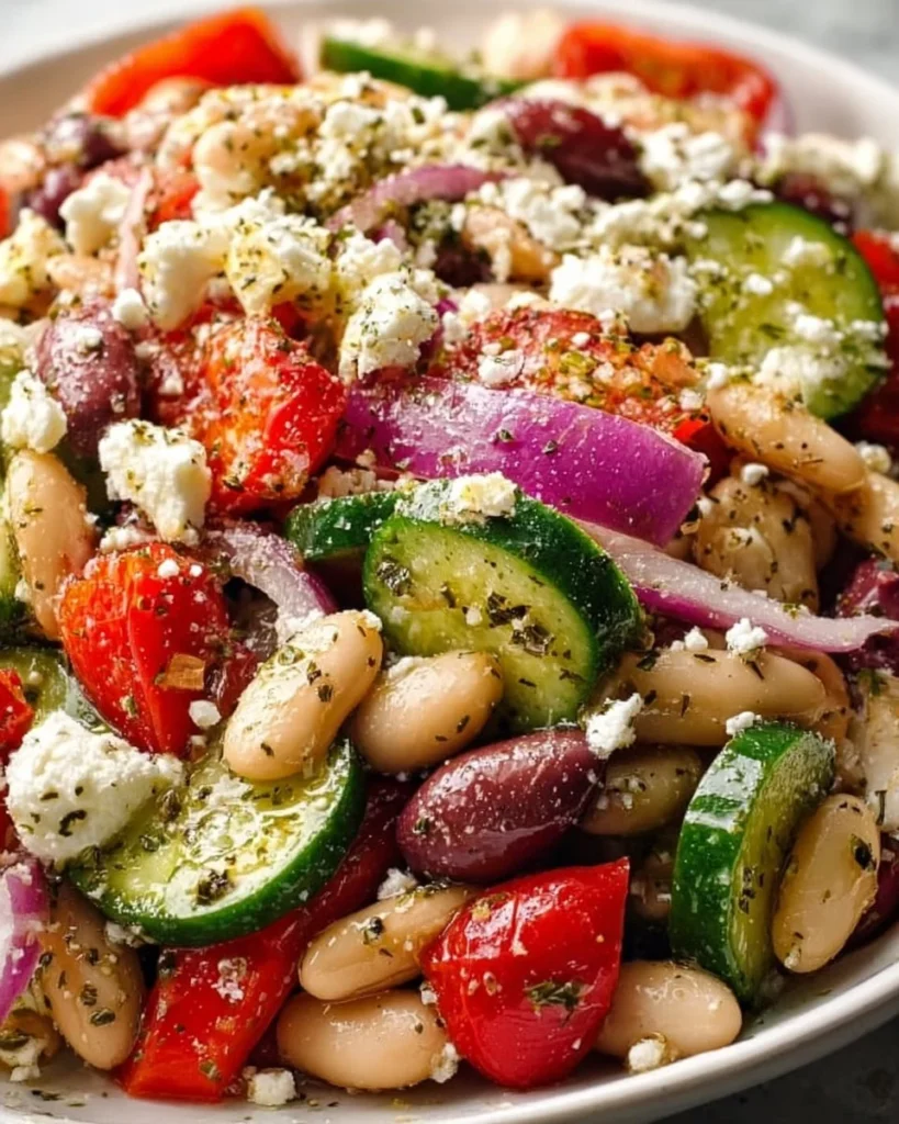 Delicious Greek Bean Salad with marinated beans, olives, and fresh vegetables.
