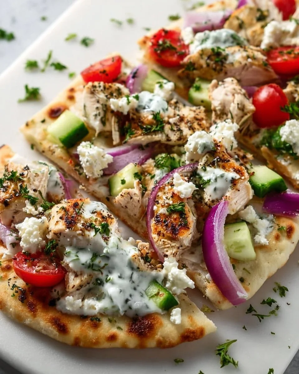 Delicious Greek Chicken Flatbread topped with fresh ingredients