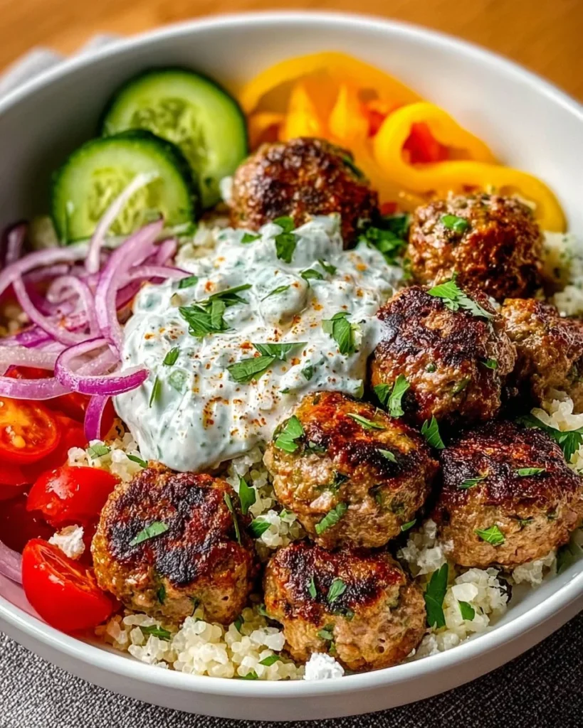 Greek meatball bowl with fresh ingredients and vibrant colors