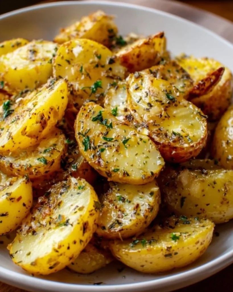 Tray of Greek-style lemon potatoes garnished with herbs