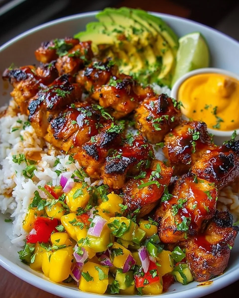Grilled maple sriracha chicken bites served with coconut rice and mango salsa.