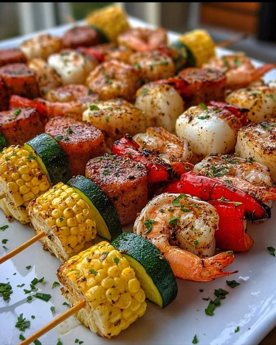 Delicious grilled seafood skewers with shrimp, fish, and vegetables