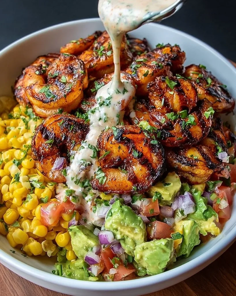 Grilled shrimp bowl served with avocado, corn salsa, and creamy garlic sauce