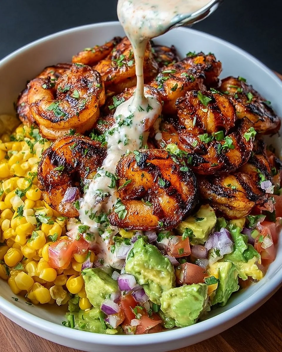Grilled shrimp bowl served with avocado, corn salsa, and creamy garlic sauce