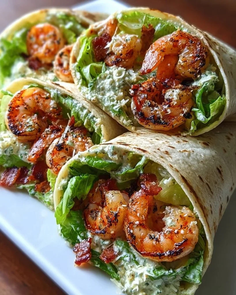 Grilled Shrimp Caesar Wraps served with fresh greens and dressing