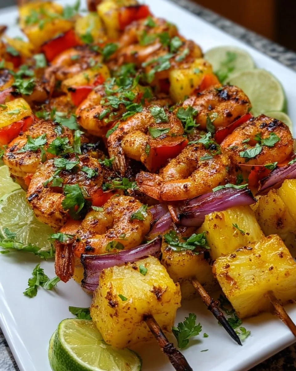 Grilled shrimp pineapple skewers on a platter, ready to serve.