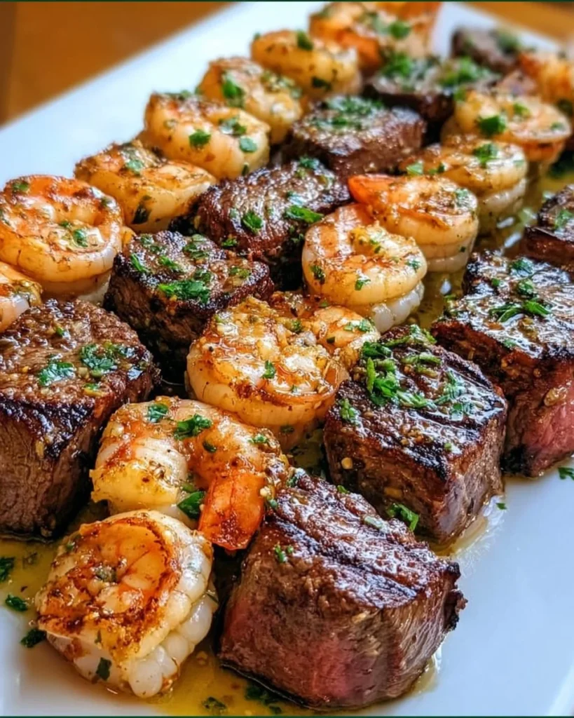 Grilled steak and shrimp skewers drizzled with garlic butter on a plate.