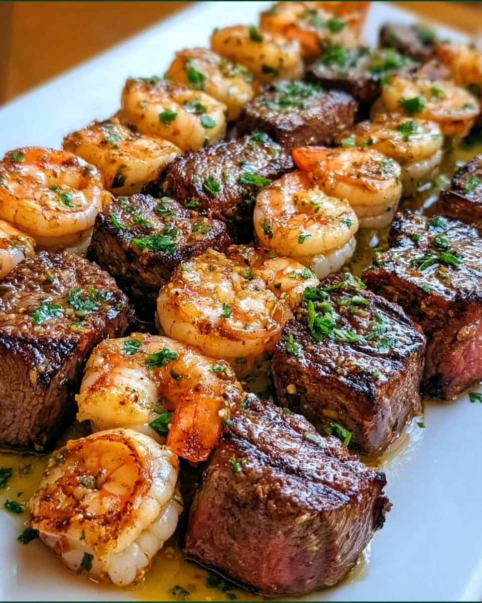 Grilled steak and shrimp skewers drizzled with garlic butter on a plate.
