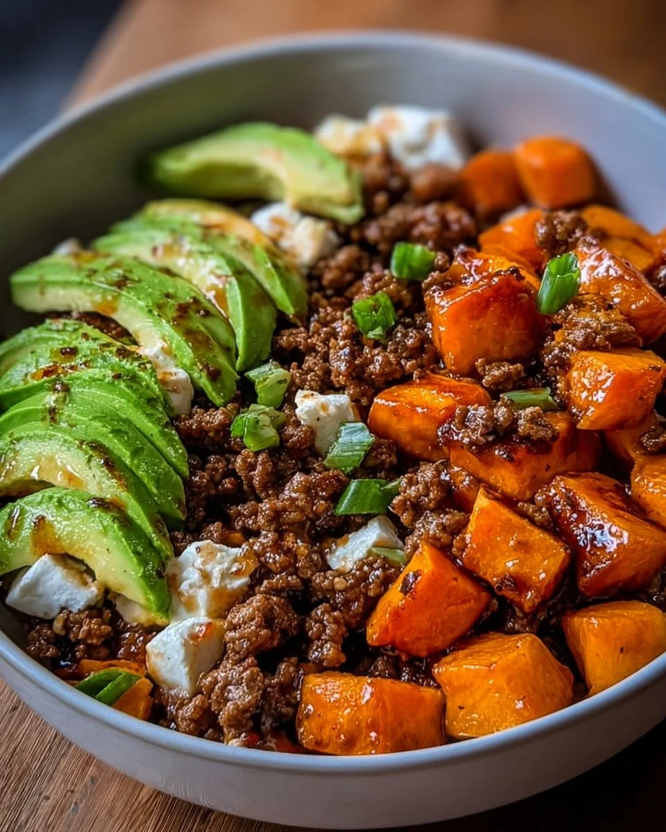 Ground Beef Hot Honey Bowl with fresh vegetables and savory sauce