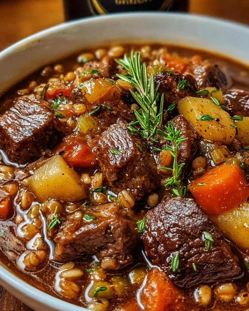 A bowl of hearty Guinness Beef Barley Stew with beef chunks and barley grains.