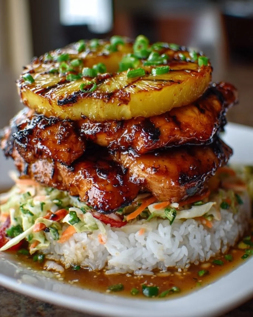 Juicy grilled Huli Huli Chicken stack served with tropical sides