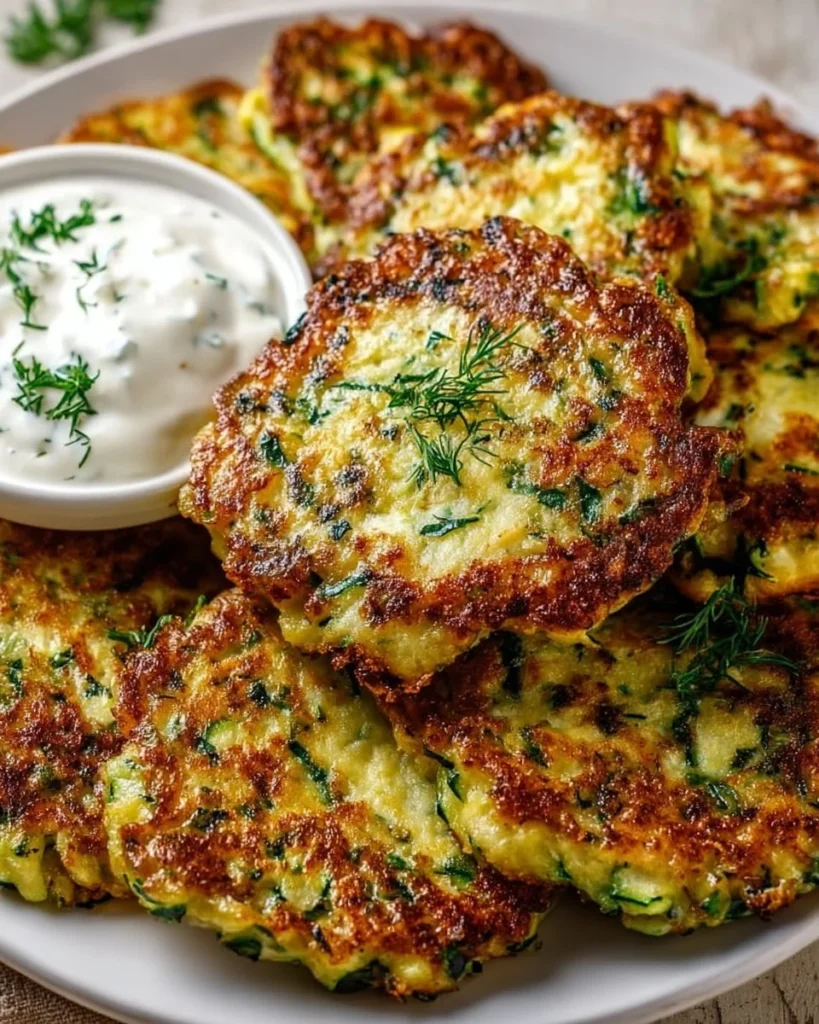 Healthy zucchini fritters served as a side dish with fresh herbs