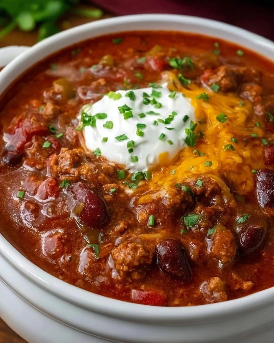 Delicious Crockpot Chili served in a bowl with toppings.