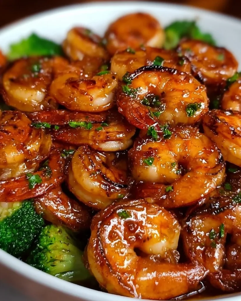 Delicious high-protein honey garlic shrimp dish served with vegetables