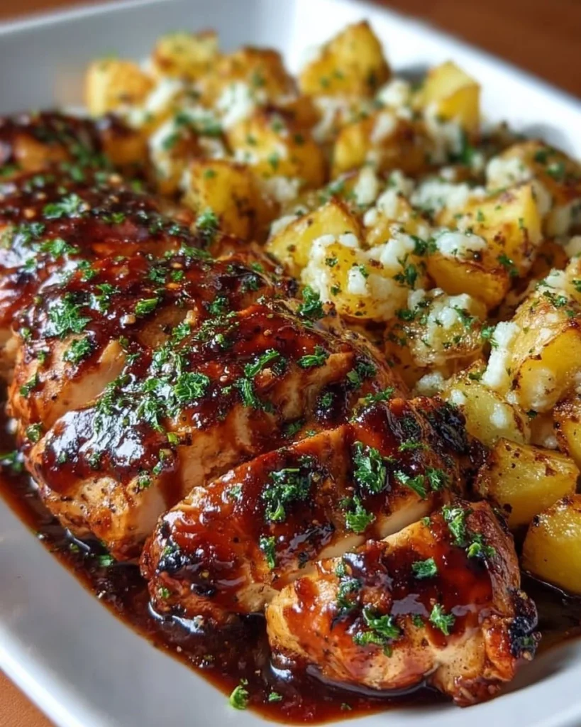 Delicious Honey BBQ Chicken served with garlic parmesan potatoes on a plate