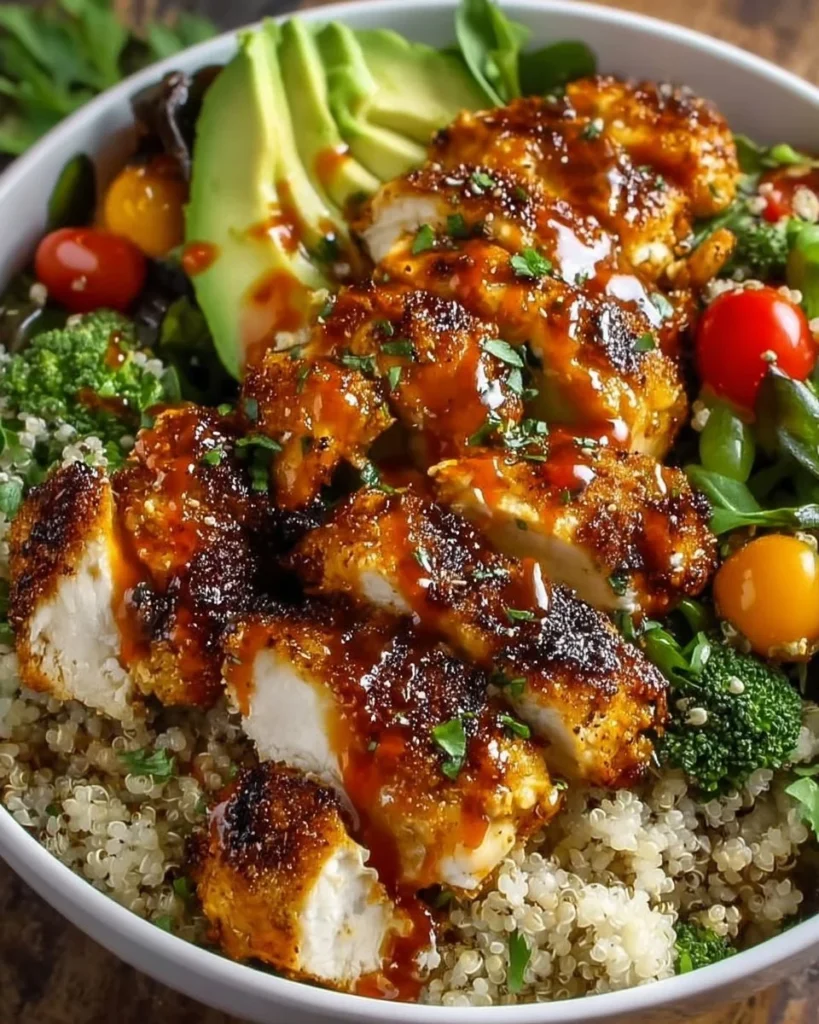 Hot Honey Chicken Bowl featuring tender chicken drizzled with honey sauce and fresh vegetables