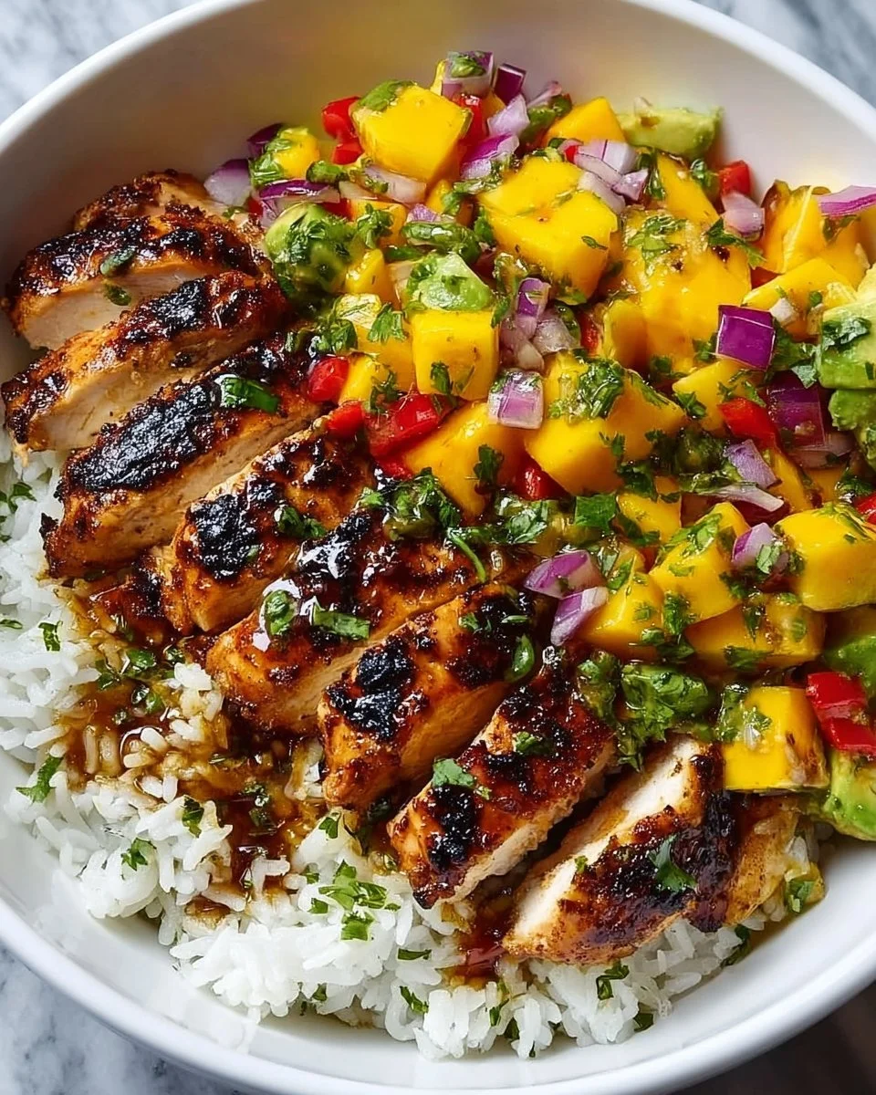 Delicious Jerk Chicken Bowls with mango salsa and coconut rice served in a bowl