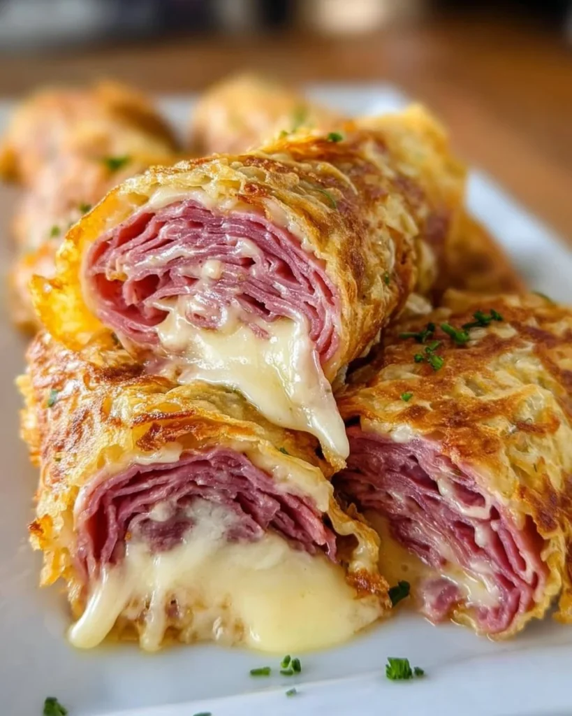 Delicious Keto Crispy Reuben Roll-Ups served on a plate.