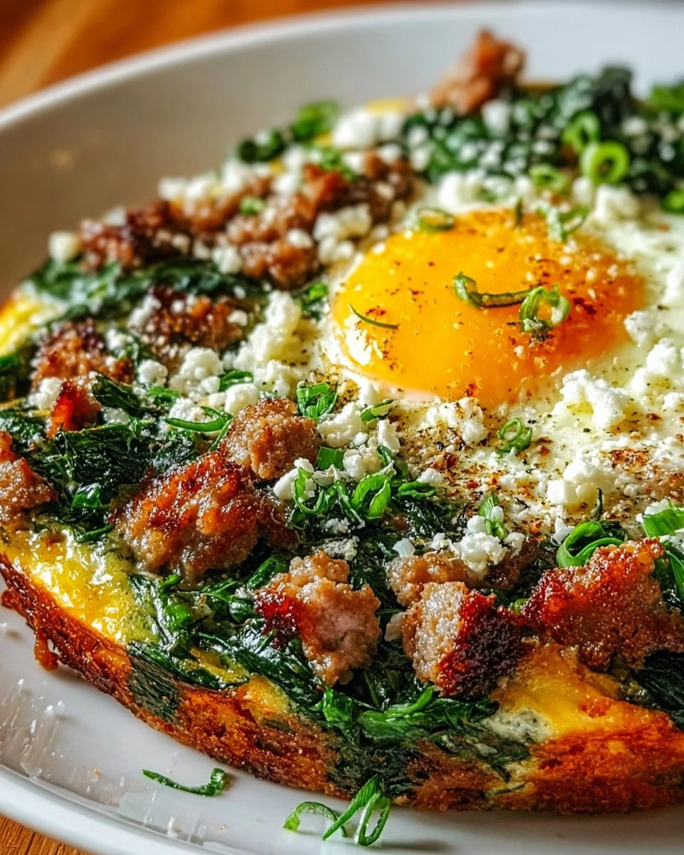 Keto Sausage Egg Spinach breakfast dish with eggs, sausage, and spinach