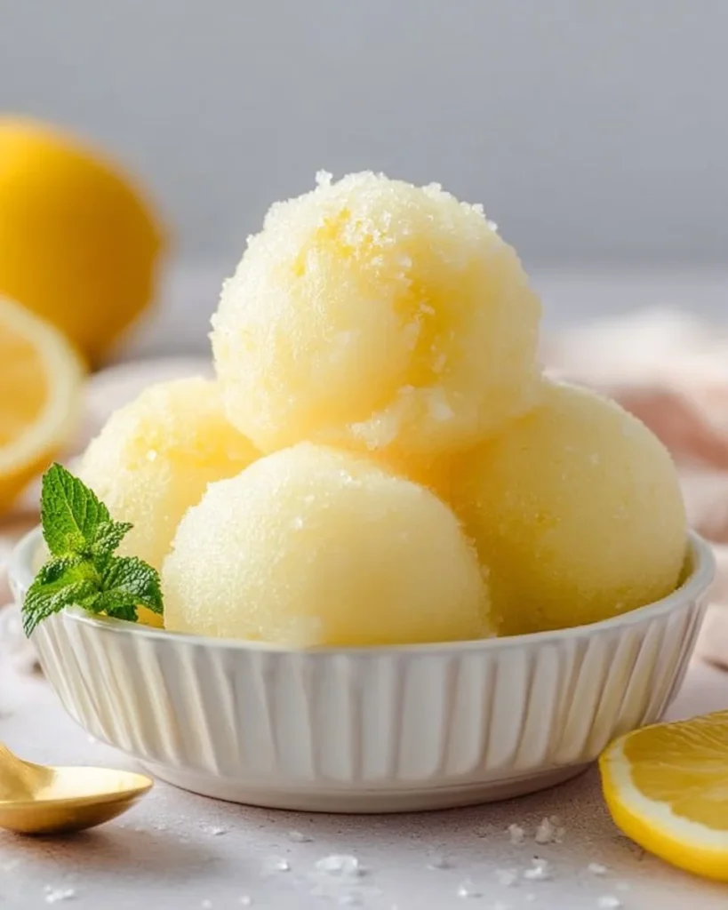 Delicious homemade lemonade sorbet served in a bowl