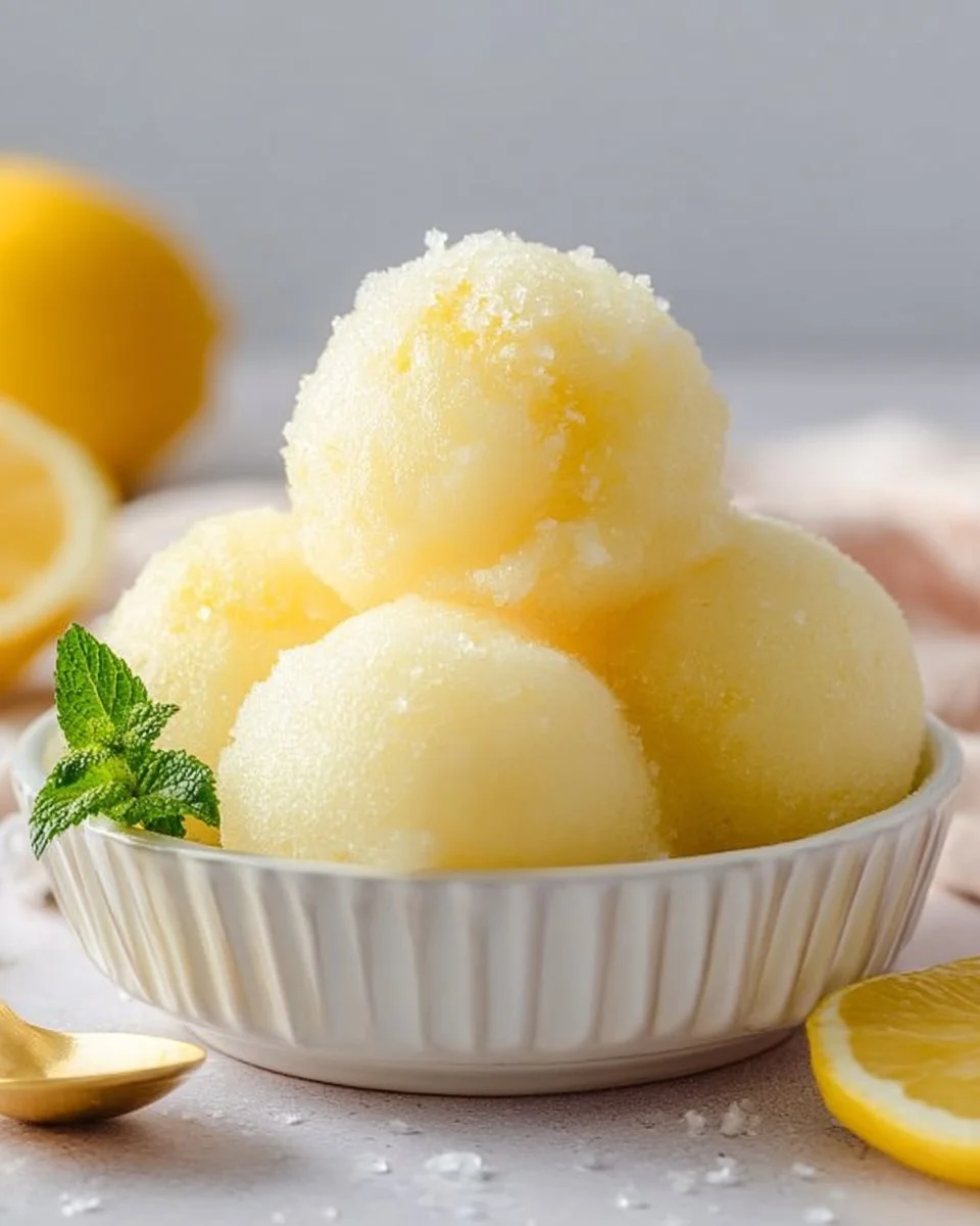 Delicious homemade lemonade sorbet served in a bowl
