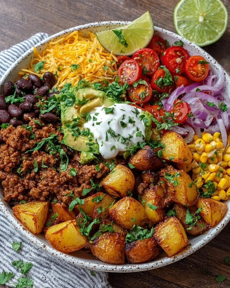 Delicious loaded potato taco bowl topped with fresh ingredients and spices.