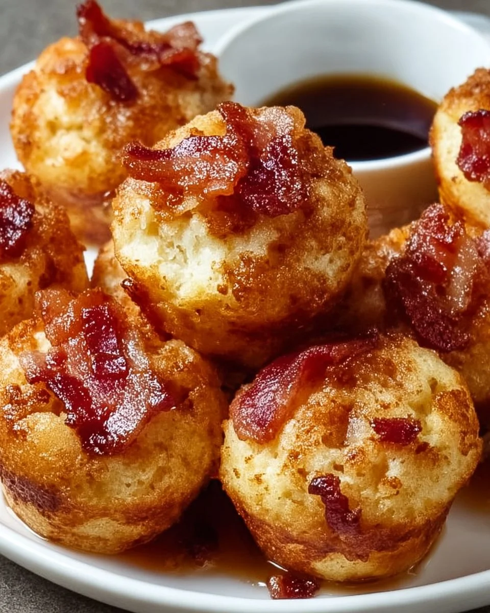 Delicious Maple Bacon Pancake Bites with syrup drizzled on top
