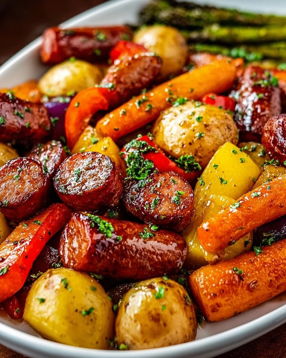One-pan honey garlic kielbasa with colorful veggies in tasty sauce
