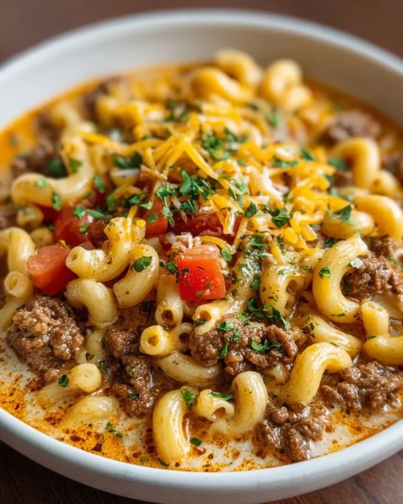 Delicious one-pot cheeseburger macaroni soup served in a bowl