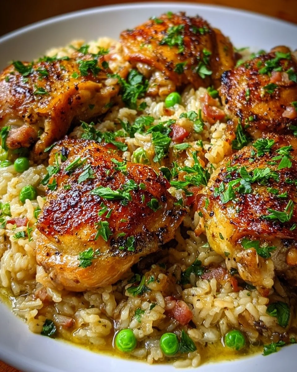 One-Pot Chicken and Rice served in a bowl with herbs and spices