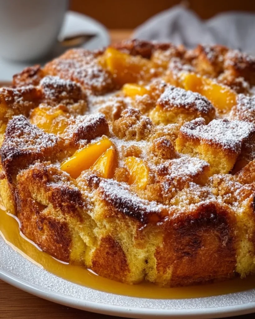 Delicious Peach Cobbler French Toast Bake served in a dish with fresh peaches