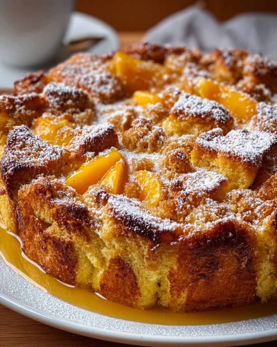 Delicious Peach Cobbler French Toast Bake served in a dish with fresh peaches