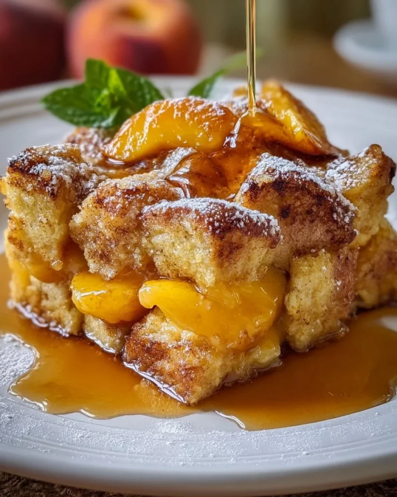 Delicious Peach Cobbler French Toast Bake with fresh peaches and cinnamon topping