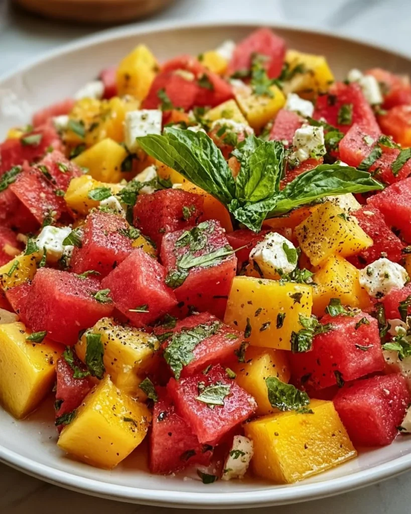Vibrant Peach Watermelon Salad with fresh fruits and mint leaves